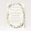 "Richmond Meadow wedding invitation featuring a wreath of wildflowers and foliage in pastel greens, blues, pinks, and yellows, embodying the beauty of an English countryside meadow.". This is a view of the front
