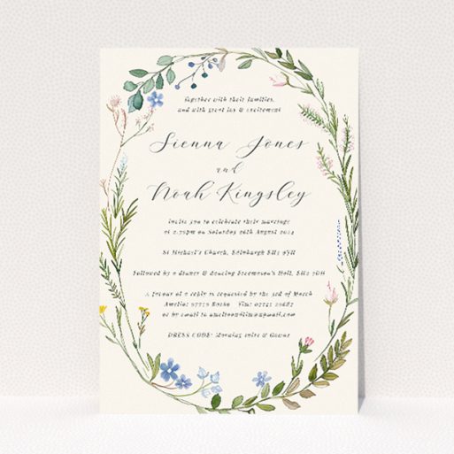 "Richmond Meadow wedding invitation featuring a wreath of wildflowers and foliage in pastel greens, blues, pinks, and yellows, embodying the beauty of an English countryside meadow.". This is a view of the front
