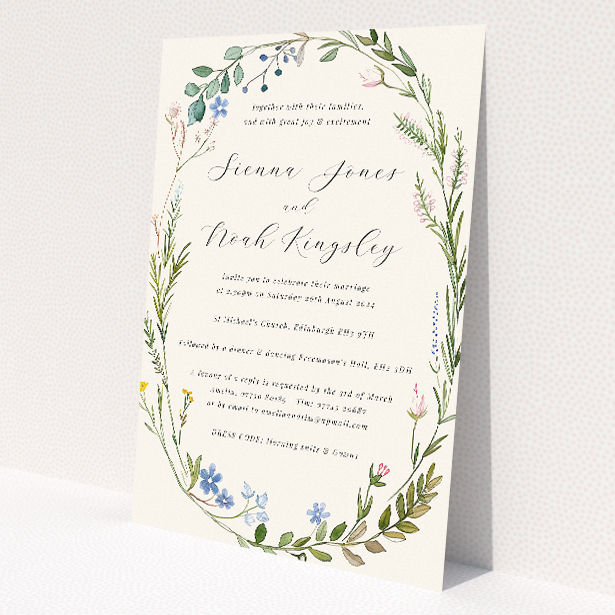 'Richmond Meadow wedding invitation featuring a wreath of wildflowers and foliage in pastel greens, blues, pinks, and yellows, embodying the beauty of an English countryside meadow.'. This is a view of the front