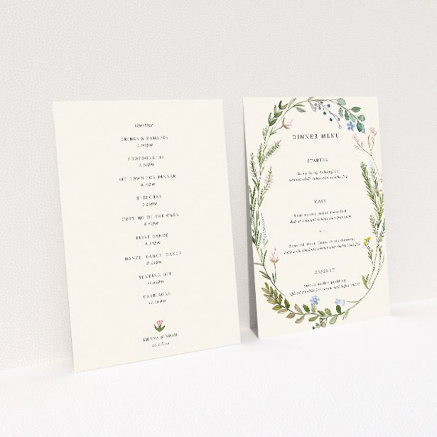 Serene Richmond Meadow Wedding Menu Template with Captivating Wildflower Wreath. This image shows the front and back sides together