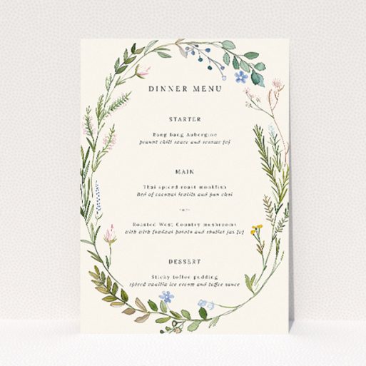 Serene Richmond Meadow Wedding Menu Template with Captivating Wildflower Wreath. This is a view of the front