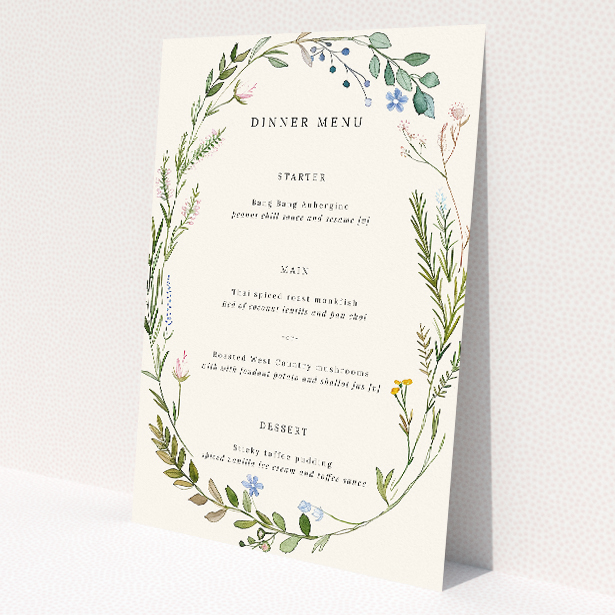 Serene Richmond Meadow Wedding Menu Template with Captivating Wildflower Wreath. This image shows the front and back sides together