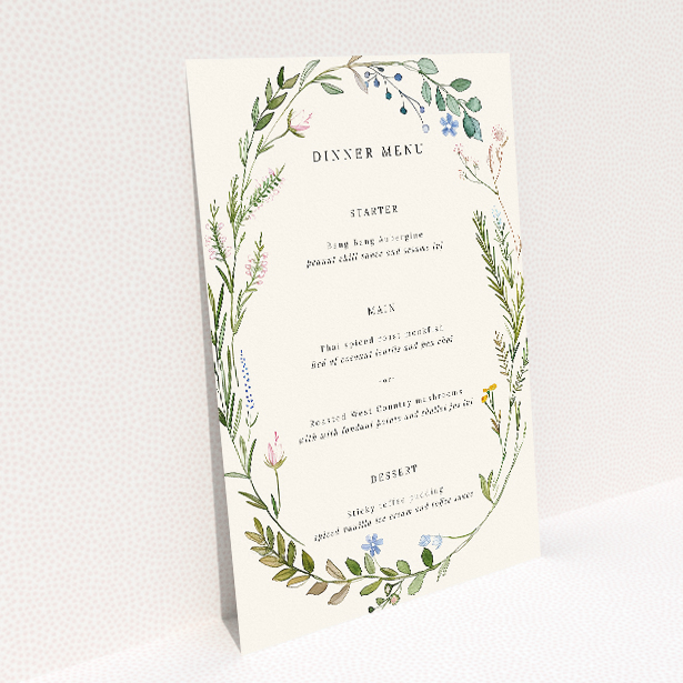 Serene Richmond Meadow Wedding Menu Template with Captivating Wildflower Wreath. This image shows the front and back sides together