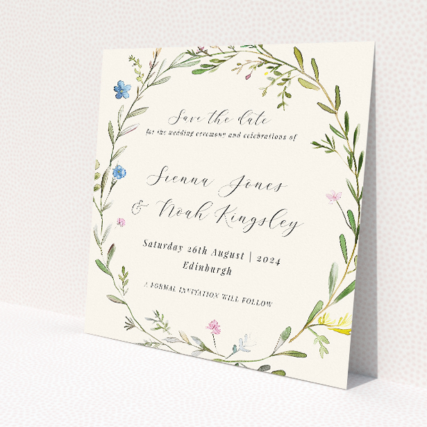 Richmond Meadow wedding save the date card featuring hand-painted floral wreath design. This image shows the front and back sides together