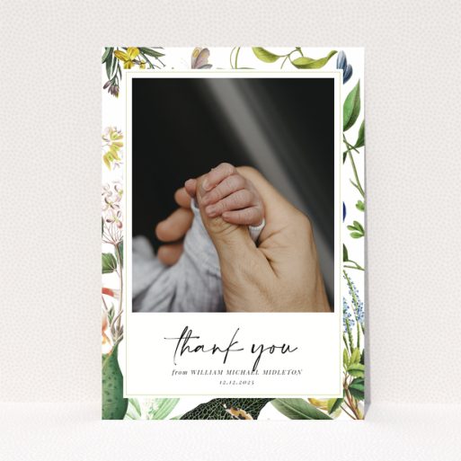 Baby thank you card with floral border and one photo of baby hand.