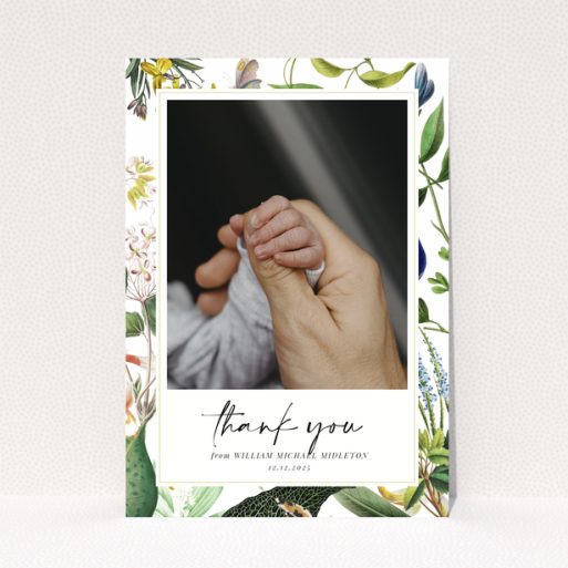 Baby thank you card with floral border and one photo of baby hand.