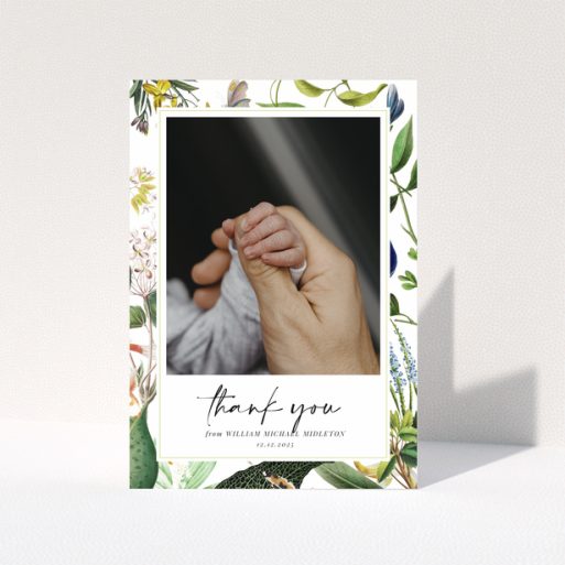 Baby thank you card with floral border and one photo of baby hand.