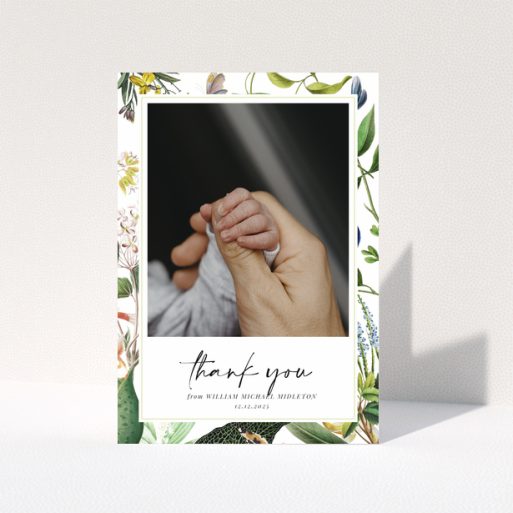 Baby thank you card with floral border and one photo of baby hand.