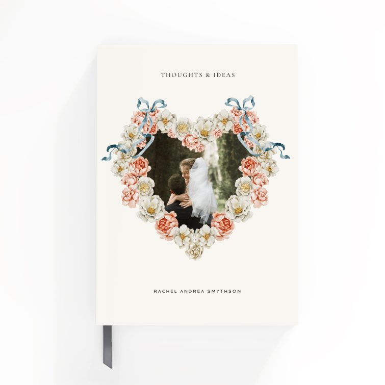 Elegant floral heart design notebook cover with one photo on a portrait layout by Utterly Printable.