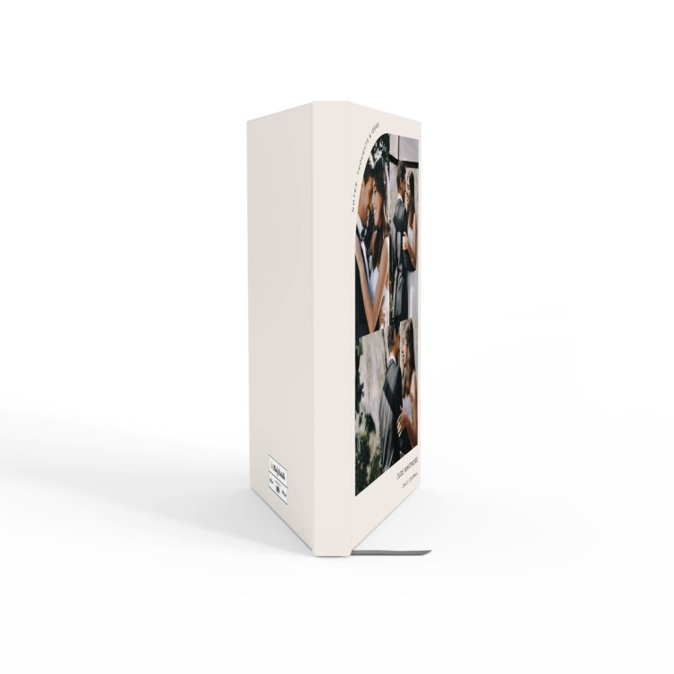 Elegant personalised portrait orientation wedding notebook design featuring three photos on the cover.