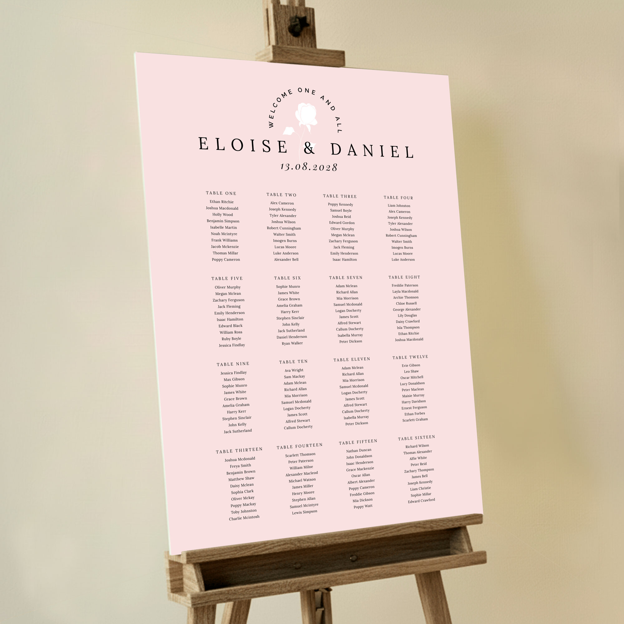 Foamex Romantic Roses Seating Plans featuring an elegant and romantic design with a white flower centrepiece, white rose, text, and table names on a light pink background, adding a touch of timeless romance to your wedding celebration.. This template shows 16 tables.