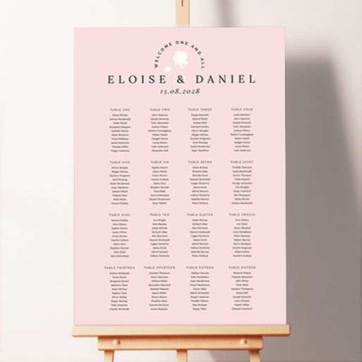 Foamex Romantic Roses Seating Plans featuring an elegant and romantic design with a white flower centrepiece, white rose, text, and table names on a light pink background, adding a touch of timeless romance to your wedding celebration.. This template shows 16 tables.