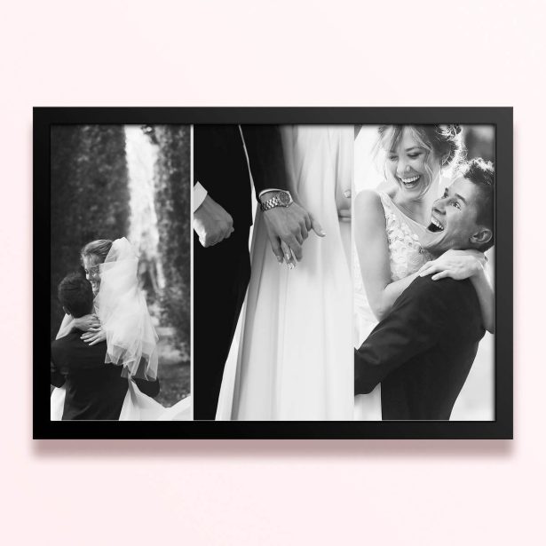 Simple framed prints designs featuring three black and white wedding photos