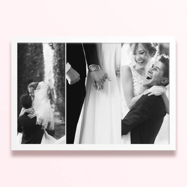 Simple framed prints designs featuring three black and white wedding photos