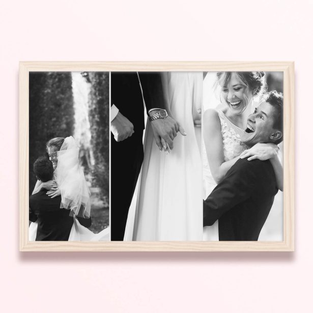 Simple framed prints designs featuring three black and white wedding photos