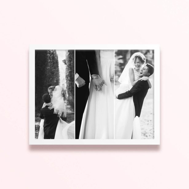 Simple framed prints designs featuring three black and white wedding photos