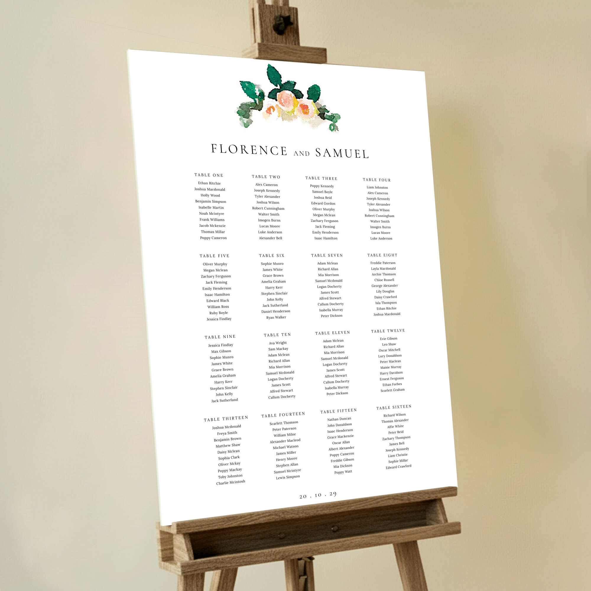 Foamex Seating Plans - Rose Bouquet featuring a seating plan design that captures the essence of elegance and simplicity with a watercolour pink rose head detail, creating a gentle and romantic atmosphere for your event.. This one is formatted for 16 tables.