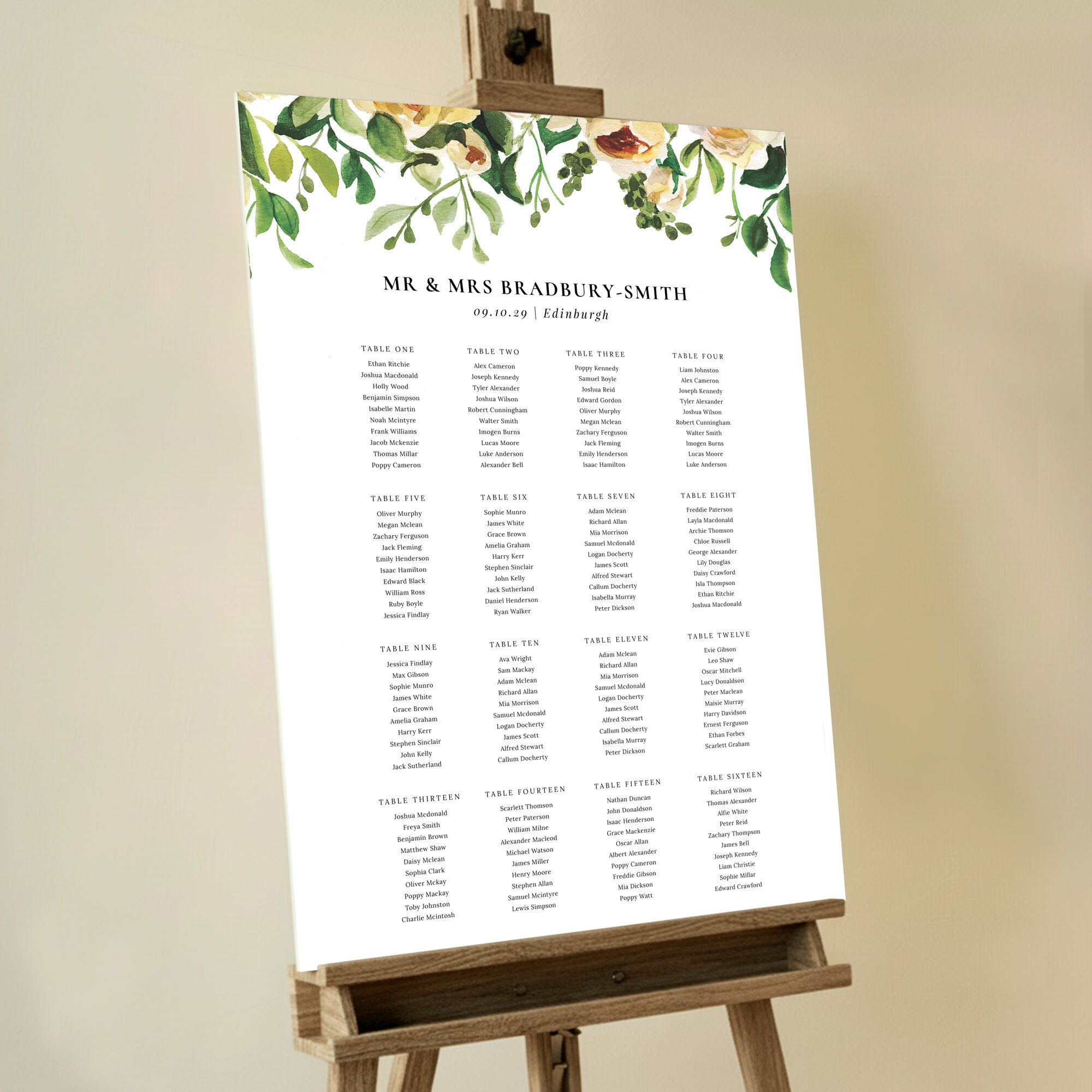 Classic Rose Garden Wall Seating Plan featuring exquisitely painted watercolour flowers and leaves, creating a dreamy and romantic garden setting for your guests to step into.. This template has 16 tables.