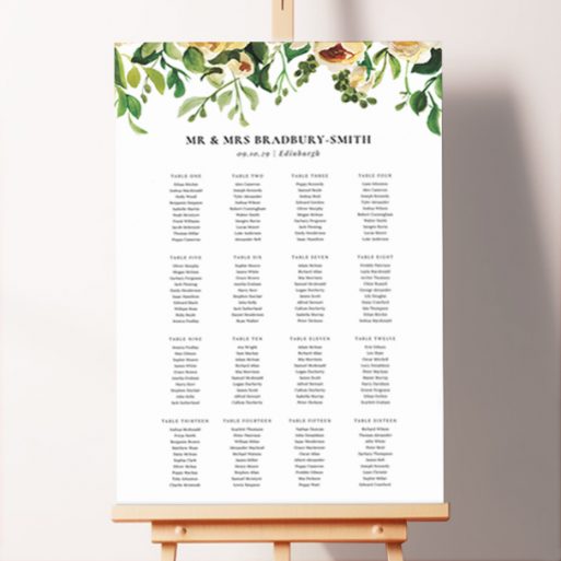 Classic Rose Garden Wall Seating Plan featuring exquisitely painted watercolour flowers and leaves, creating a dreamy and romantic garden setting for your guests to step into.. This template has 16 tables.