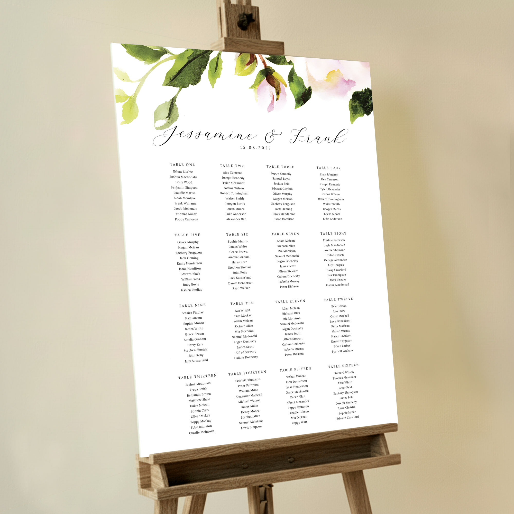 Classic seating plan design named 'Rose Roof' featuring a pink rose and green leaves at the top of the board, adding a touch of elegance to your event.. This template has 16 tables.