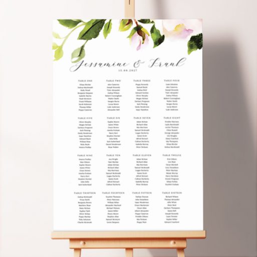 Classic seating plan design named "Rose Roof" featuring a pink rose and green leaves at the top of the board, adding a touch of elegance to your event.. This template has 16 tables.