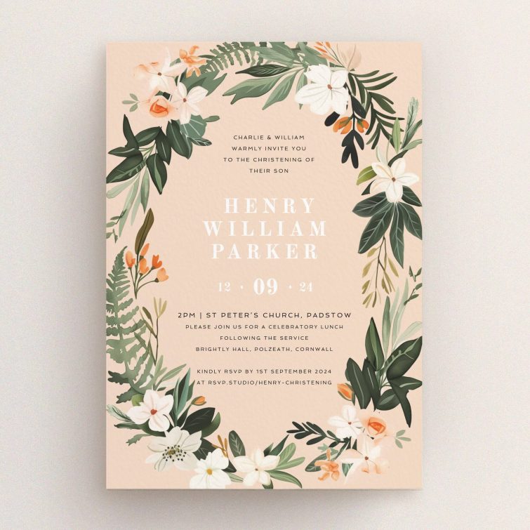 Floral christening invitation design with no photos.