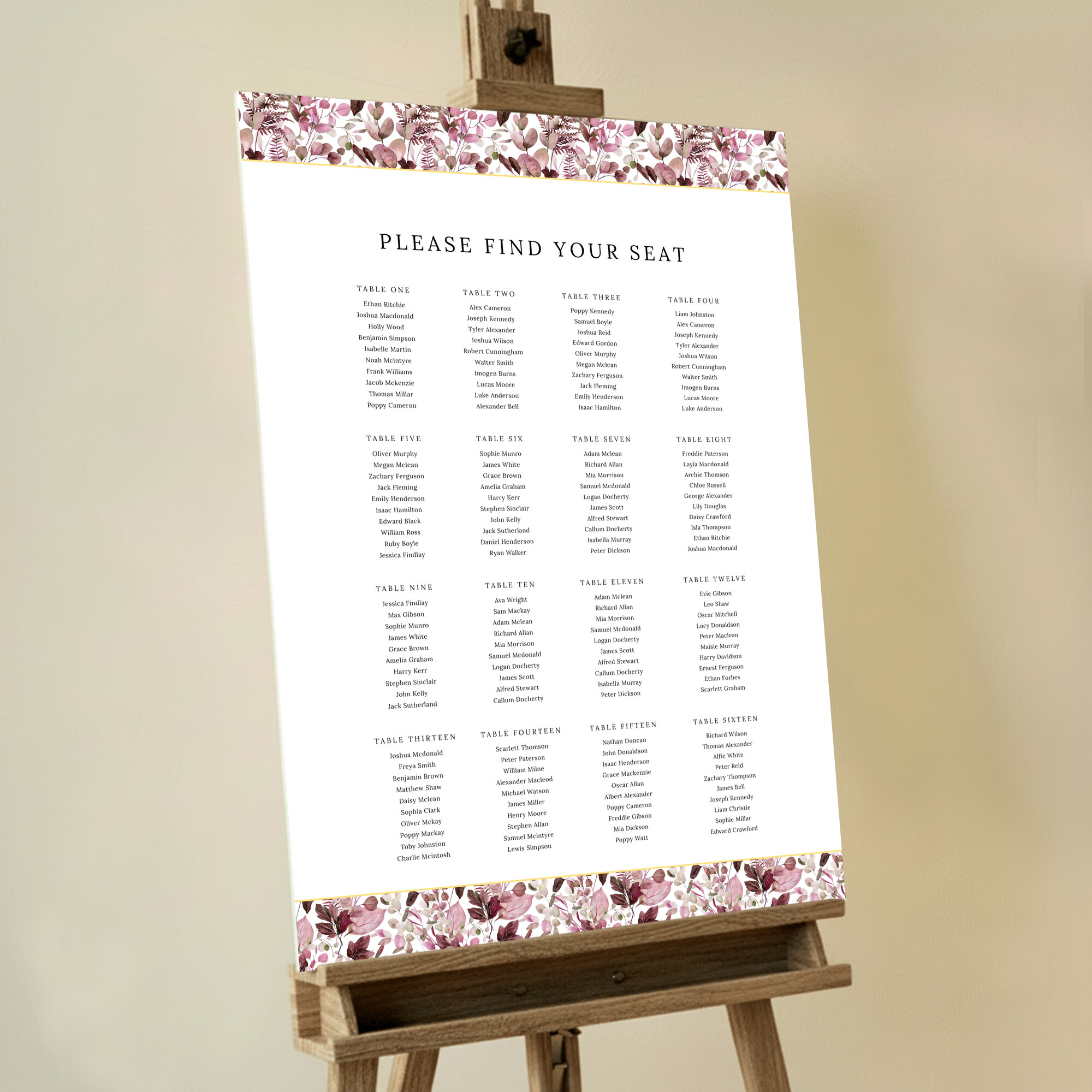 Custom Rustic Blooms Seating Plan featuring charming pink and red flowers at the top and a rustic puff bottom, creating a whimsical and natural feel, printed on foamex board.. This design is formatted for 16 tables.