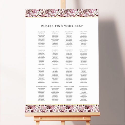 Custom Rustic Blooms Seating Plan featuring charming pink and red flowers at the top and a rustic puff bottom, creating a whimsical and natural feel, printed on foamex board.. This design is formatted for 16 tables.