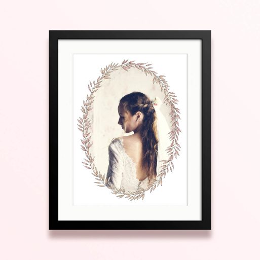 Decorative framed and mounted photo print with one photograph in an ornate leaf border design