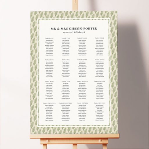 Rustic Seating Plans Board with Rustic Leaves featuring a charming leaf illustration on a cream background, adding nature-inspired charm and creating a warm and inviting atmosphere for your wedding day.. This template has 16 tables.