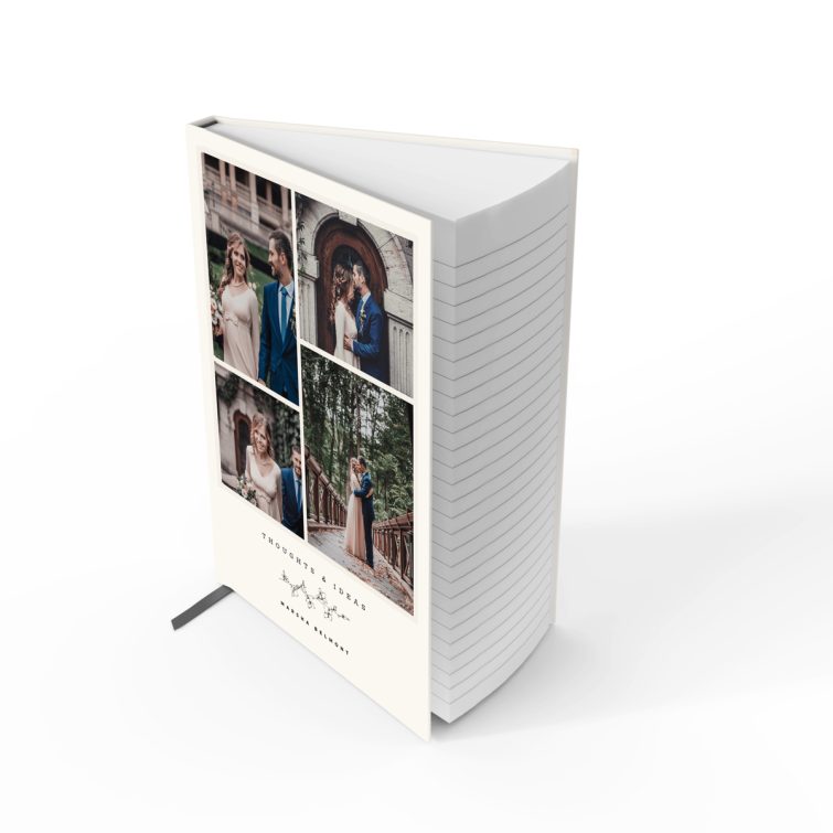 Elegant personalised notebooks design with four photos for weddings or special occasions.