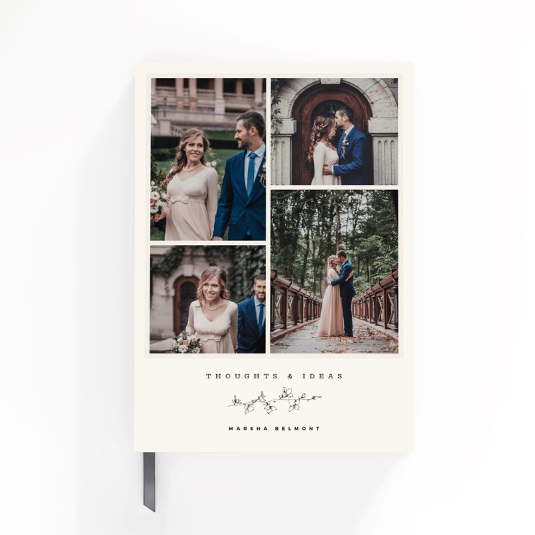 Elegant personalised notebooks design with four photos for weddings or special occasions.