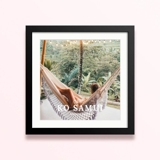 Framed and mounted photo print featuring one image of a person relaxing in a hammock with a scenic forest background.