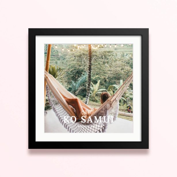 Framed and mounted photo print featuring one image of a person relaxing in a hammock with a scenic forest background.