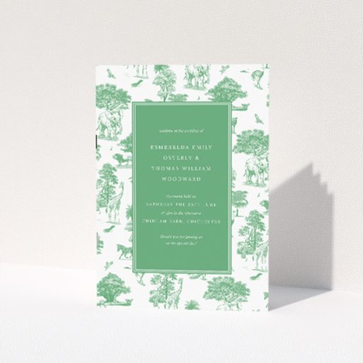 Safari Adventure A5 Wedding Order of Service booklet - Exquisite design featuring safari animals in classic illustration style against a white background, with a tranquil green border, evoking the spirit of adventure and the natural world This is a view of the front
