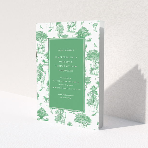 Safari Adventure A5 Wedding Order of Service booklet - Exquisite design featuring safari animals in classic illustration style against a white background, with a tranquil green border, evoking the spirit of adventure and the natural world This is a view of the front