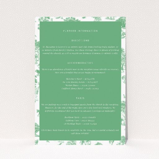 Safari Adventure wedding information insert card with jungle theme and symmetrical safari animal illustrations on deep green backdrop. This is a view of the front