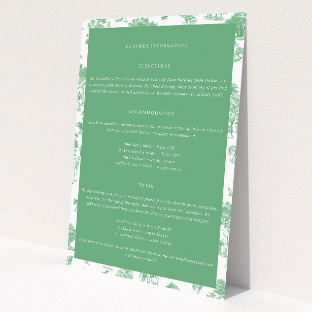 Safari Adventure wedding information insert card with jungle theme and symmetrical safari animal illustrations on deep green backdrop. This image shows the front and back sides together
