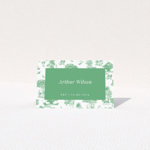 Safari Adventure Place Cards - safari-inspired wedding stationery with lush green hues and whimsical animal motifs. This is a view of the front