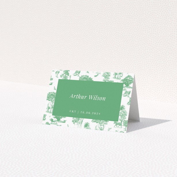 Safari Adventure Place Cards - safari-inspired wedding stationery with lush green hues and whimsical animal motifs. This is a view of the front