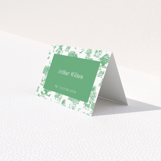 Safari Adventure Place Cards - safari-inspired wedding stationery with lush green hues and whimsical animal motifs. This is a third view of the front