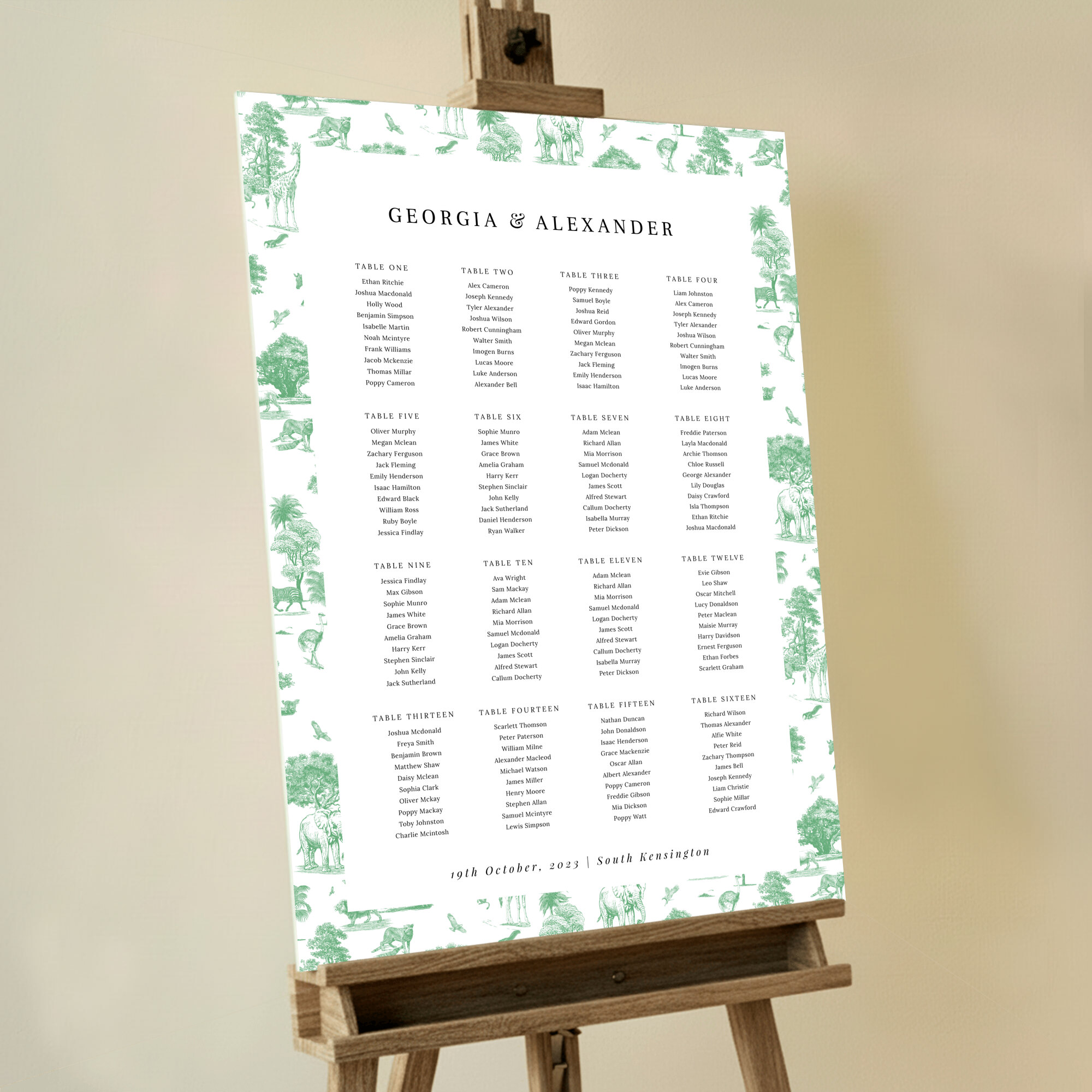 Seating Plans Board with Safari Adventure design featuring a captivating repeating safari pattern showcasing trees and safari animals in various shades of green, adding a touch of whimsy and excitement to your special day.. This one is formatted for 16 tables.