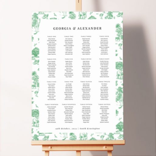 Seating Plans Board with Safari Adventure design featuring a captivating repeating safari pattern showcasing trees and safari animals in various shades of green, adding a touch of whimsy and excitement to your special day.. This one is formatted for 16 tables.