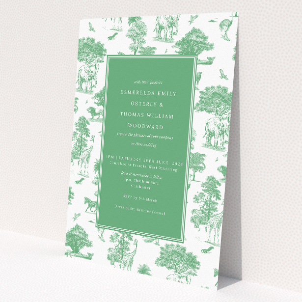 Safari Adventure wedding invitation with elegant safari animal illustrations on deep green background. This is a view of the front