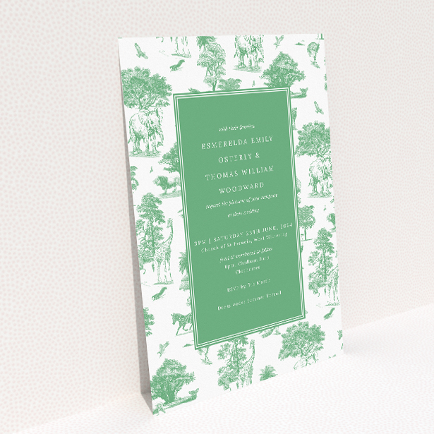 Safari Adventure wedding invitation with elegant safari animal illustrations on deep green background. This image shows the front and back sides together