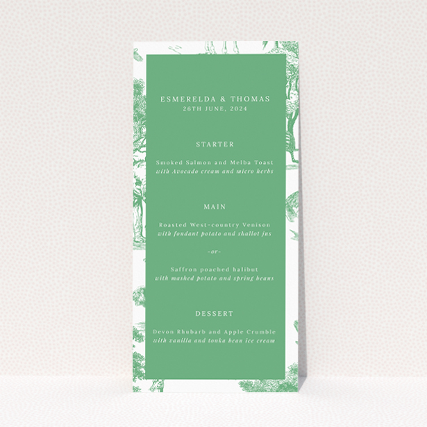 Safari Adventure wedding menu design with a lush green backdrop adorned with refined safari animals, ideal for couples seeking a distinctive theme for their unforgettable celebration This is a view of the front