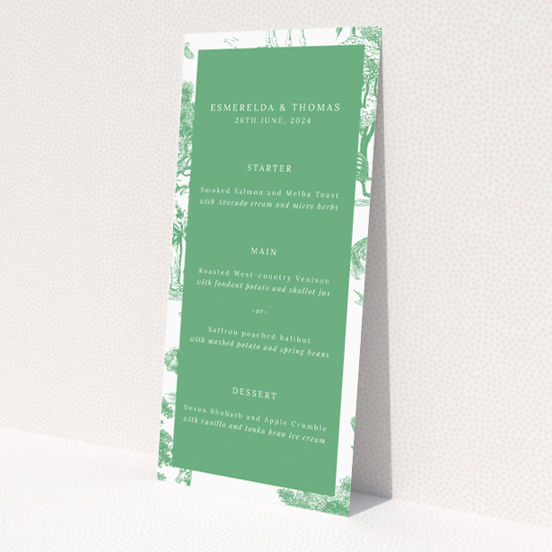Safari Adventure wedding menu design with a lush green backdrop adorned with refined safari animals, ideal for couples seeking a distinctive theme for their unforgettable celebration This is a view of the front