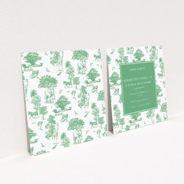 Safari Adventure wedding save the date card featuring lush safari-themed background with finely detailed illustrations of African wildlife in classic toile style. This image shows the front and back sides together