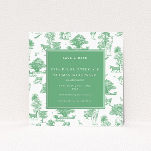 Safari Adventure wedding save the date card featuring lush safari-themed background with finely detailed illustrations of African wildlife in classic toile style. This is a view of the front