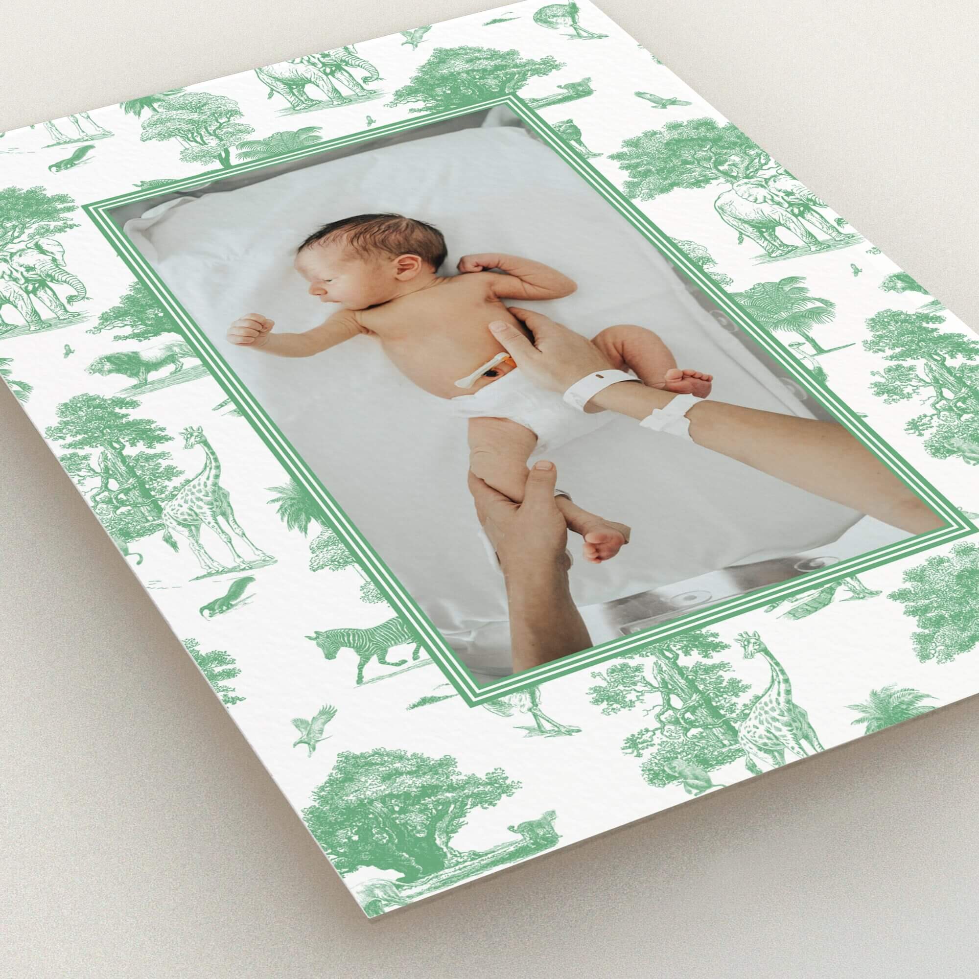 Safari-themed birth announcement card design with one photo of a baby.